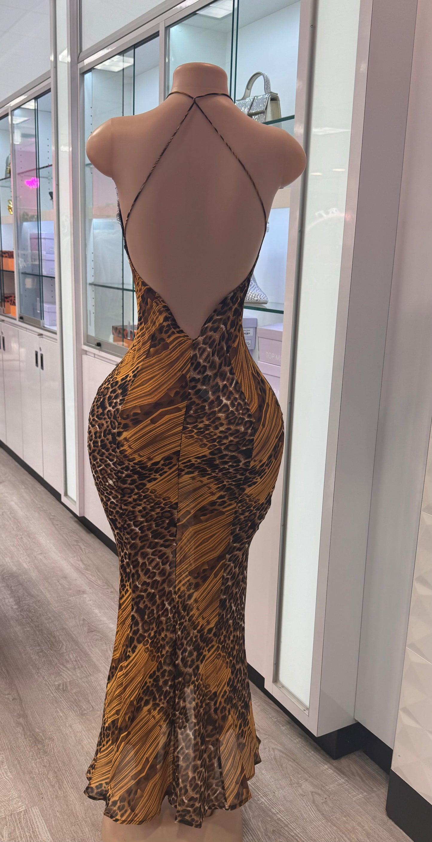 Maci Leopard Sheer Maxi Halter Dress