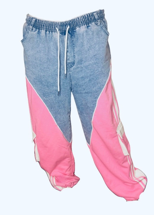 a pair of blue and pink pants on a white background