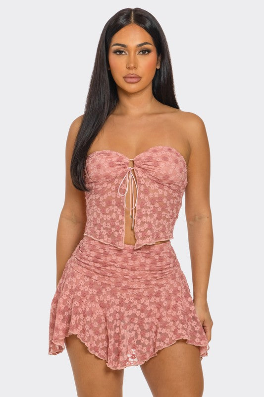 Lacey Flora Lace Two Piece Strapless Top Skirt Outfit