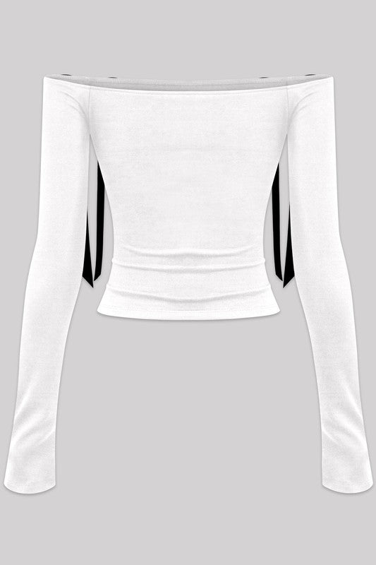 Karol Bow Long Sleeve Off the Shoulder Velvet Soft Long Sleeve Top