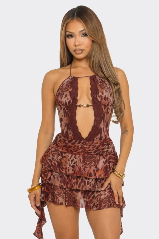 leopard print halter mini dress with plunging lace-trim cutout, open back, beaded detail, and tiered ruffle mesh skirt.