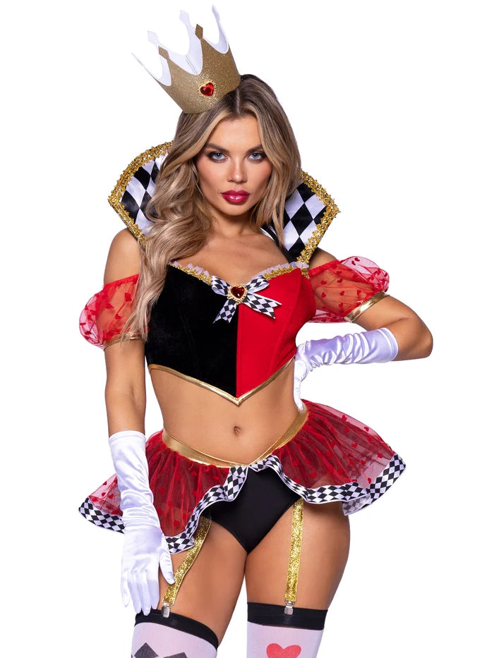 Person wearing a Queen of Hearts costume with a crown on a white background