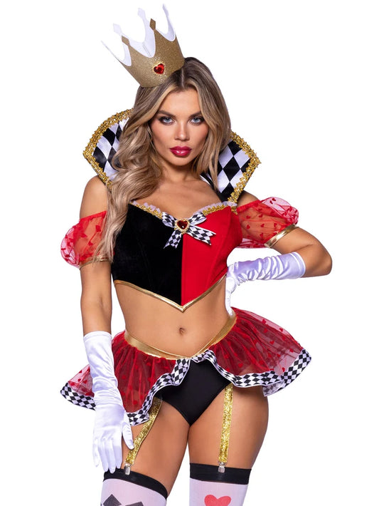 Person wearing a Queen of Hearts costume with a crown on a white background