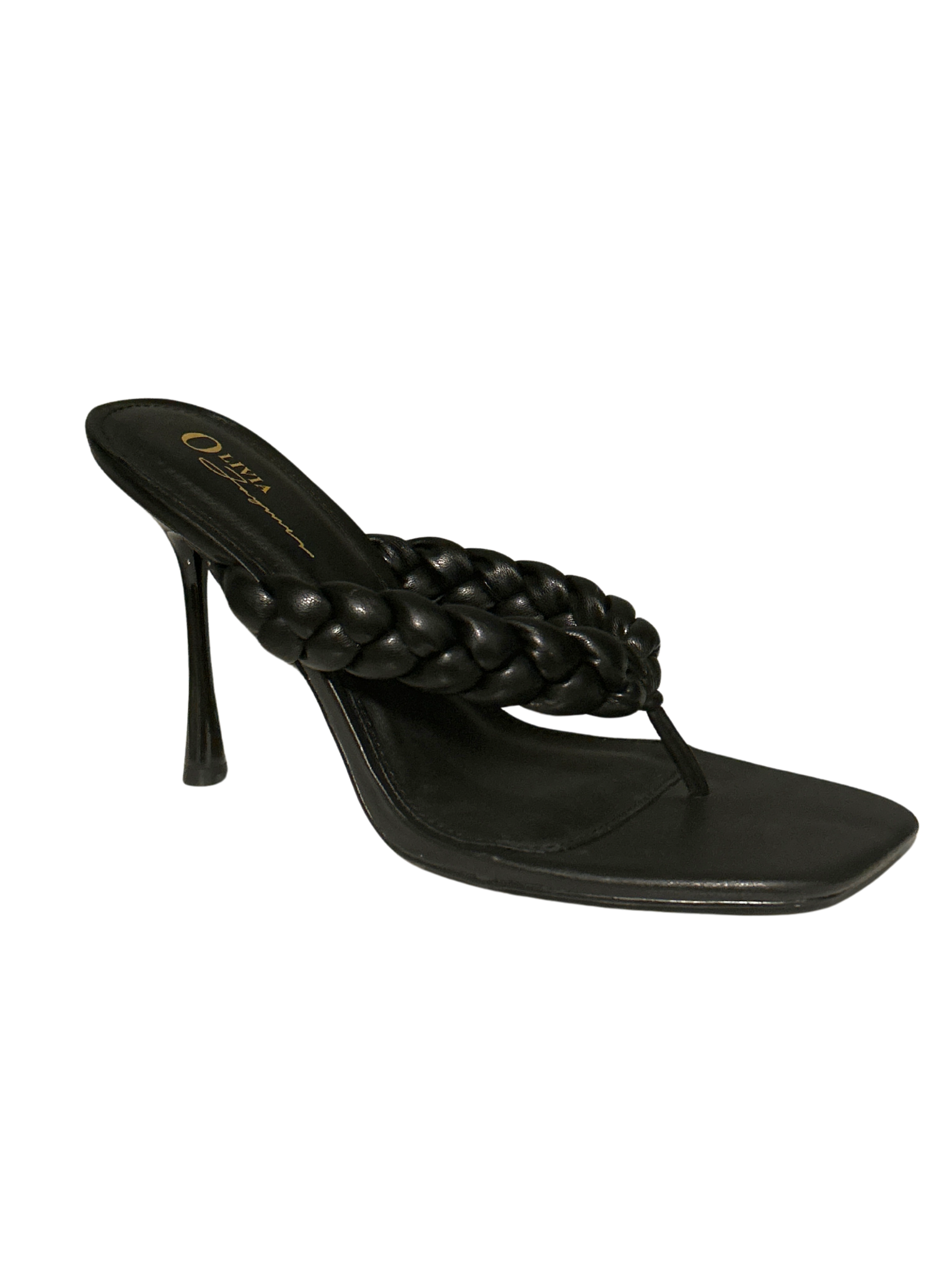 a woman's black high heeled sandal with braiding