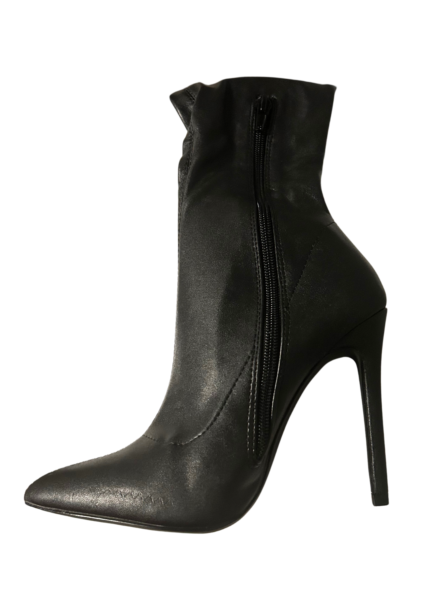 a black high heeled shoe with a zipper