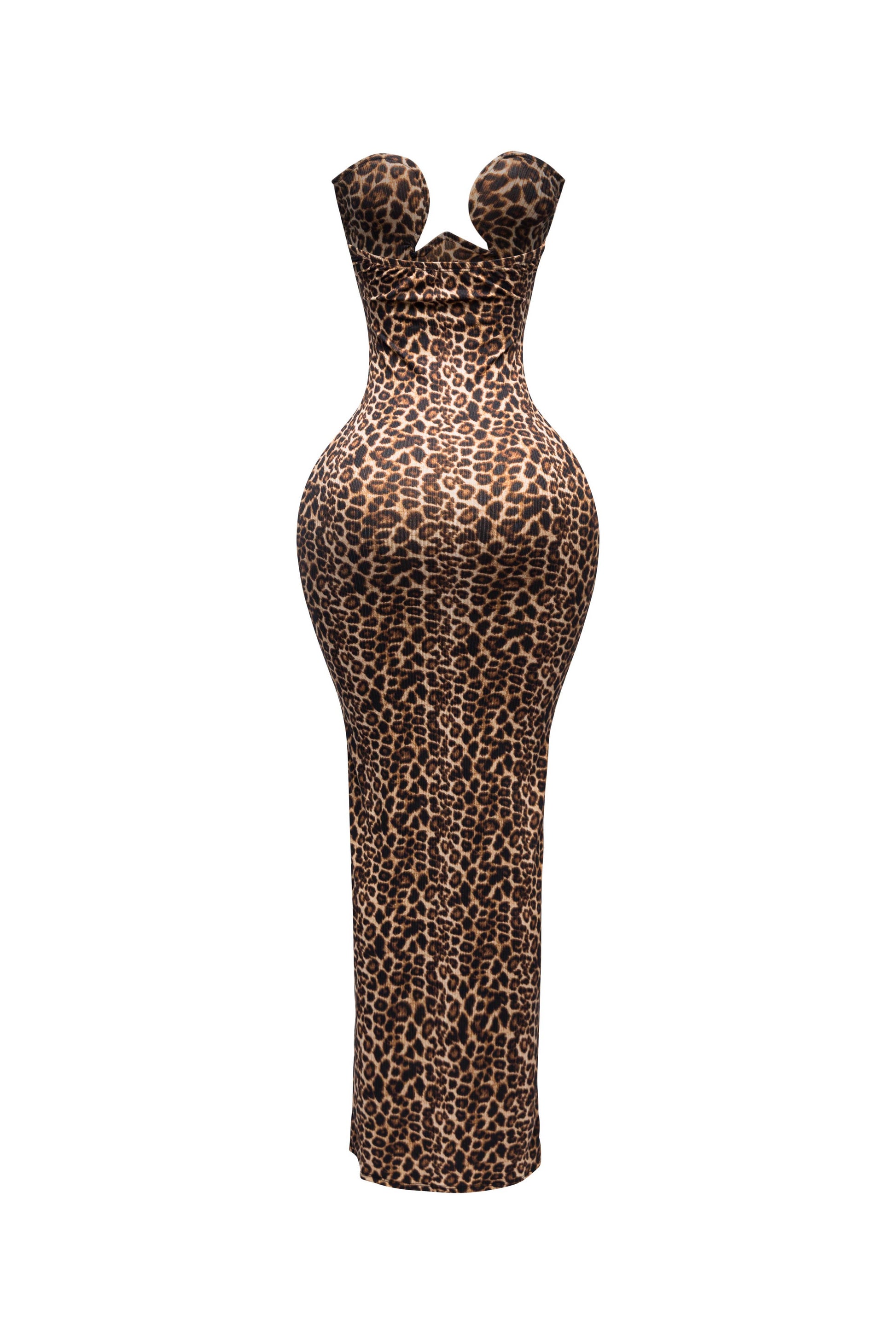 a brown and black animal print maxi dress on a white background