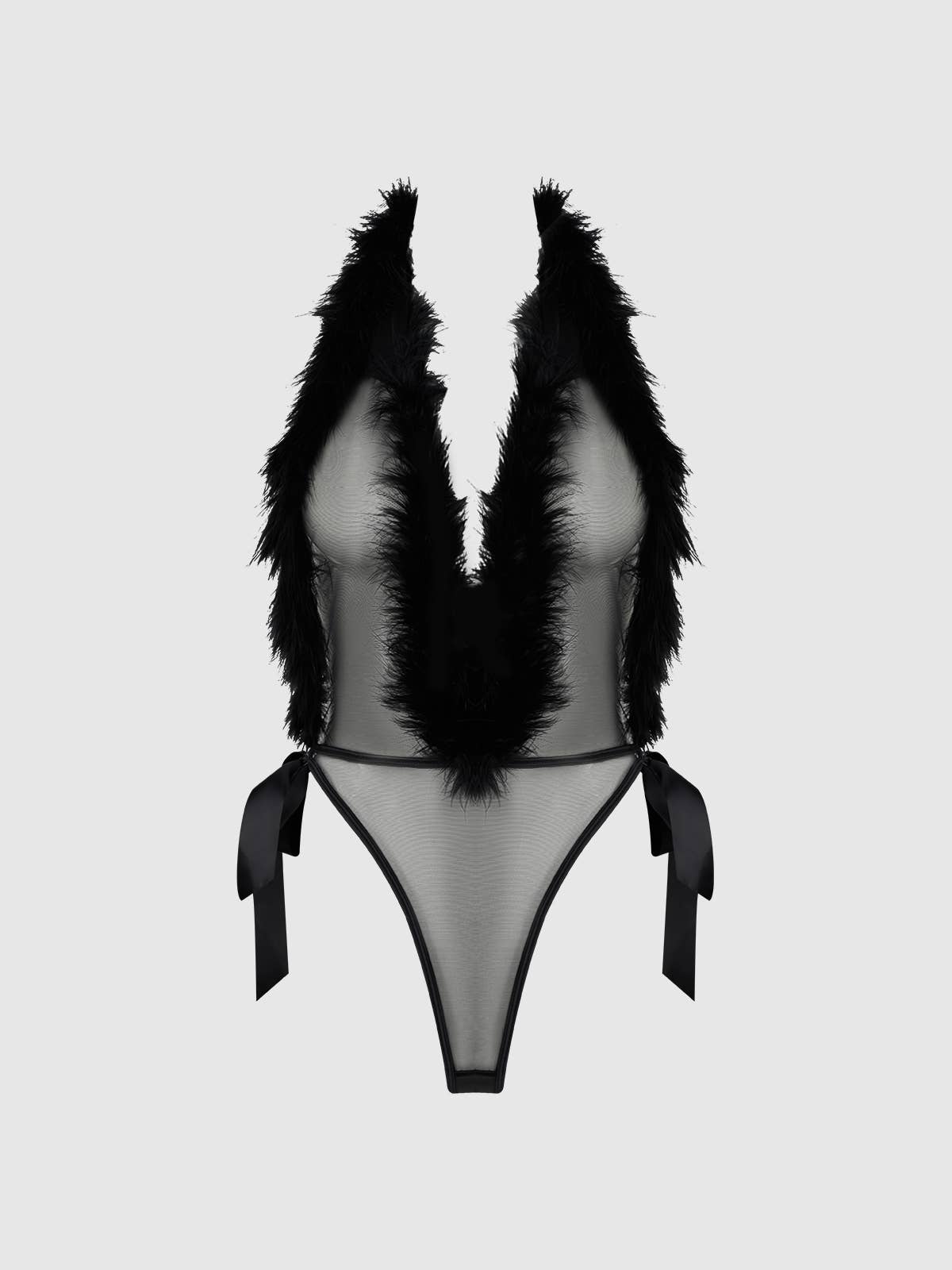 ADMIRE FEATHER TRIM & MESH PLUNGE THONG TEDDY LINGERIE - Blaire Shops