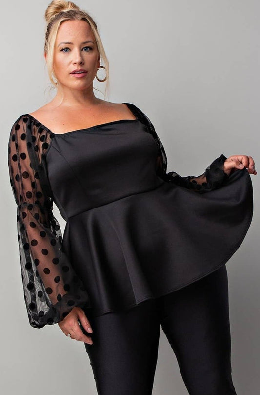 Adriana Plus Size Peplum Top With Long Balloon Sleeves & Chic Square Neckline - Blaire Shops