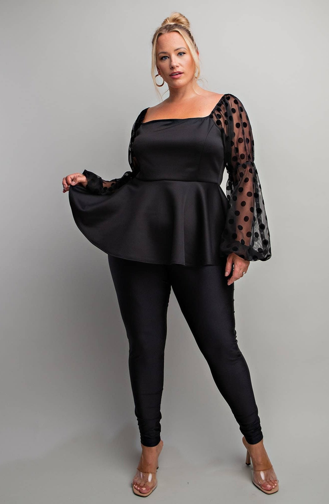 Adriana Plus Size Peplum Top With Long Balloon Sleeves & Chic Square Neckline - Blaire Shops