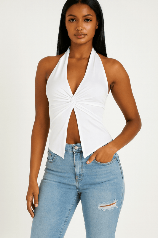 Aliyah Nylon Halter Top With Knotted Front - Blaire Shops