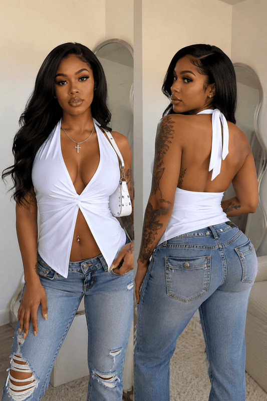 Aliyah Nylon Halter Top With Knotted Front - Ivory top for women Vacation Outfits Birthday Dresses Going Out Looks