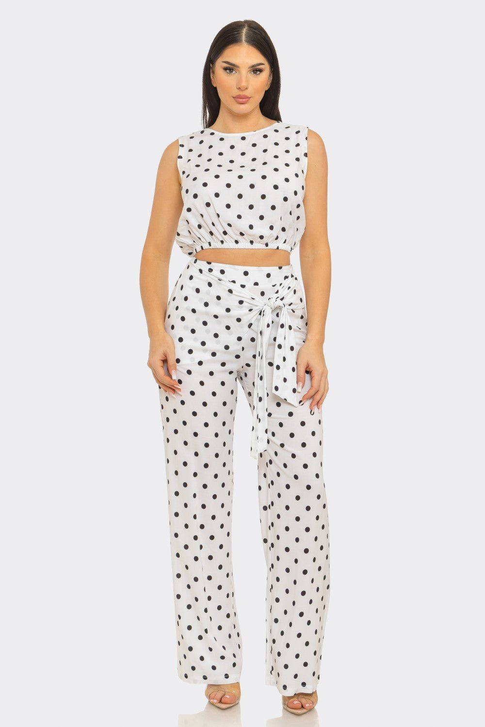 Amalfi Polka Dot Belted Flare Pants Set - Blaire Shops