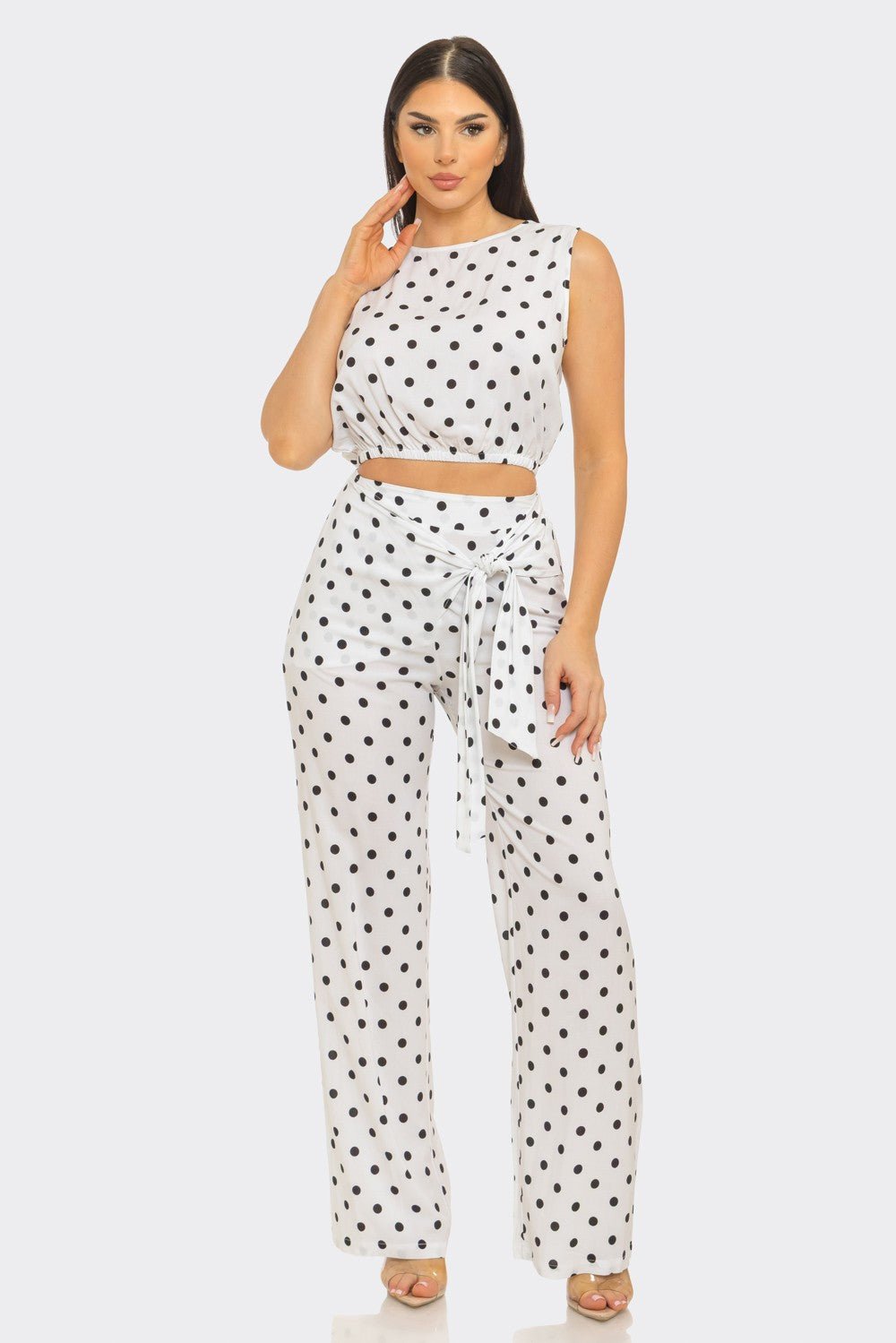 Amalfi Polka Dot Belted Flare Pants Set - Blaire Shops