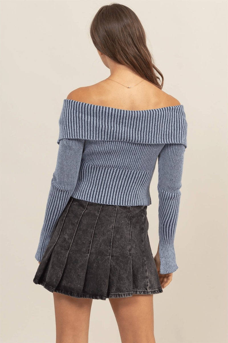 Amber Washed Off The Shoulder Zip - Front Sweater Top - Blaire Shops
