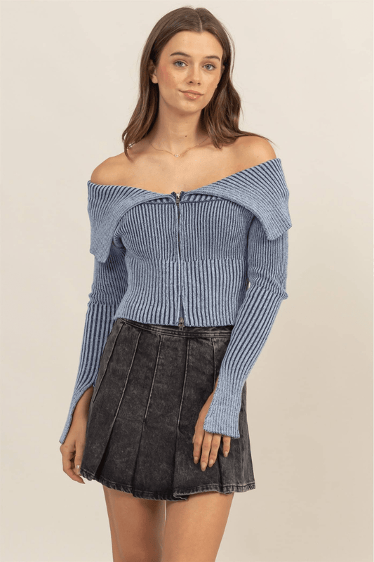 Amber Washed Off The Shoulder Zip - Front Sweater Top - Blaire Shops