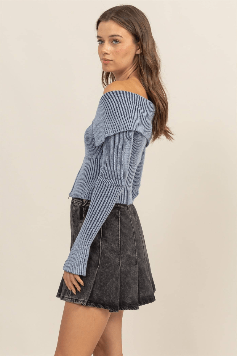 Amber Washed Off The Shoulder Zip - Front Sweater Top - Blaire Shops