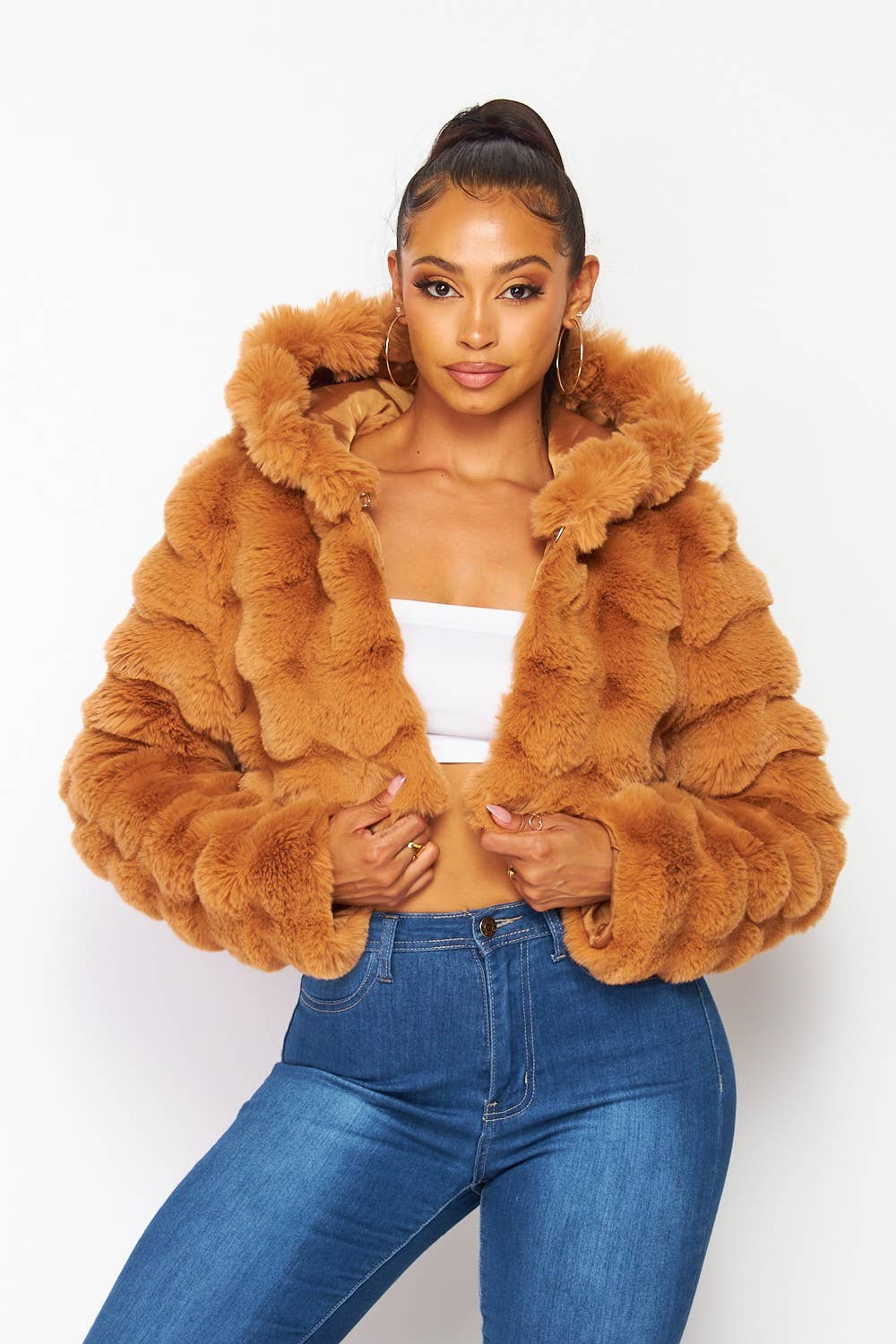 Amira Faux Fur Hooded Crop Jacket – Soft Plush, Cozy & Chic Outerwear - Blaire Shops