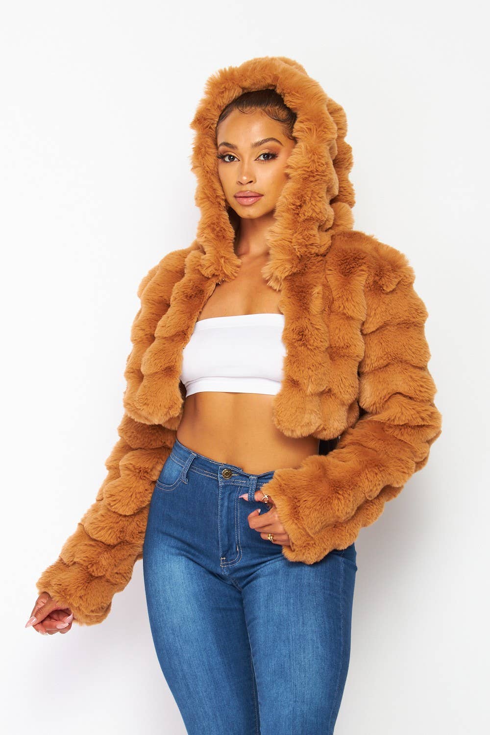 Amira Faux Fur Hooded Crop Jacket – Soft Plush, Cozy & Chic Outerwear - Blaire Shops