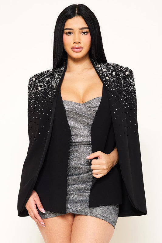 Anastasia Rhinestone Cape Jacket – Luxury Shawl Collar Slim Fit Blazer - Blaire Shops