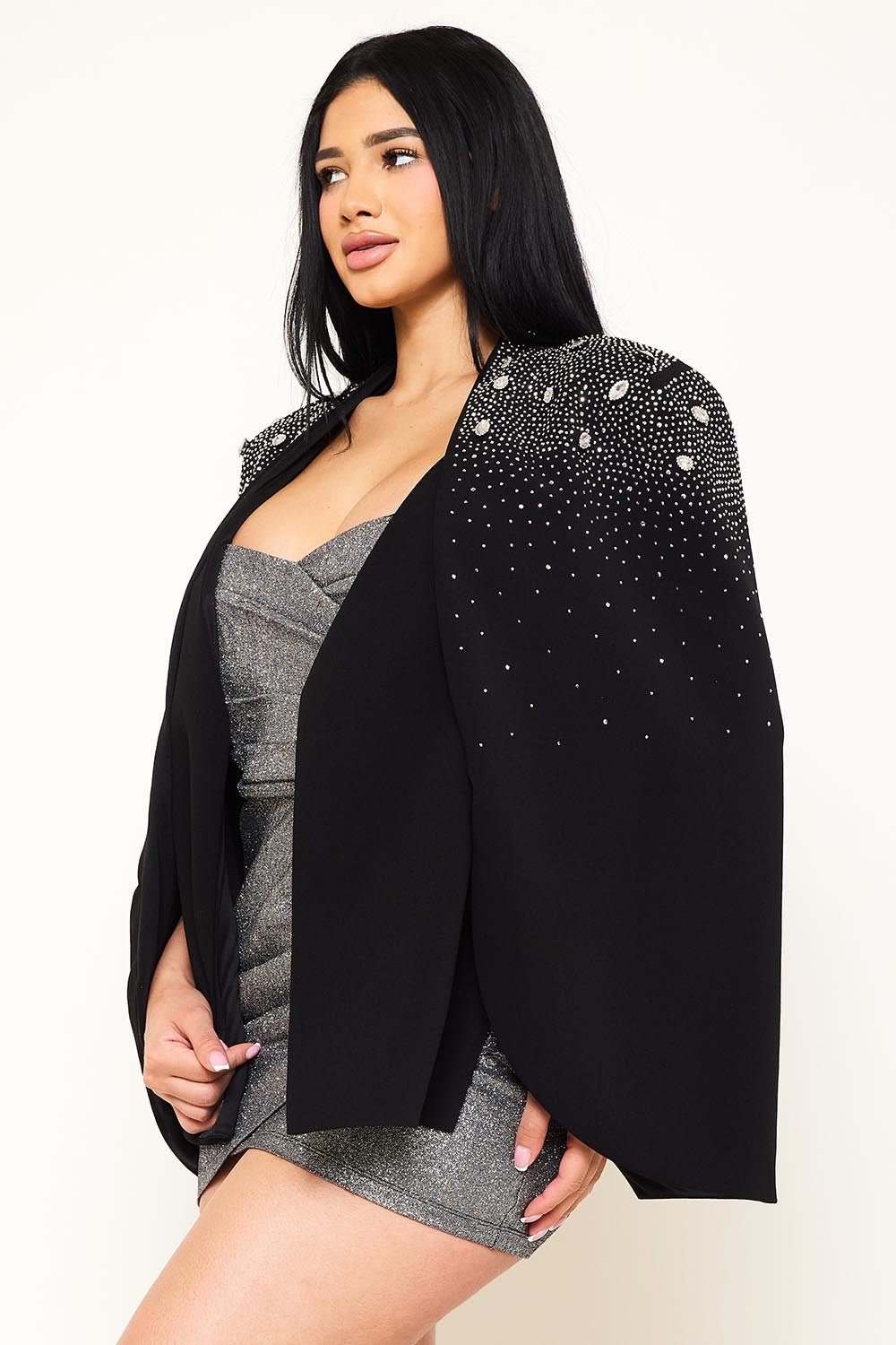 Anastasia Rhinestone Cape Jacket – Luxury Shawl Collar Slim Fit Blazer - Blaire Shops