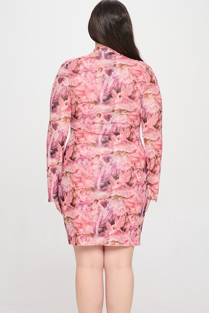 Angelic Plus Size Print Mesh Mock Neck Bodycon Dress – Long Sleeve & Lined - Blaire Shops