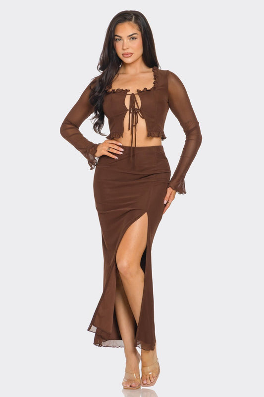 Aria Tie Front Long Sleeve Top &amp; Maxi Skirt Set – Sexy Two - Piece Outfit - Blaire Shops
