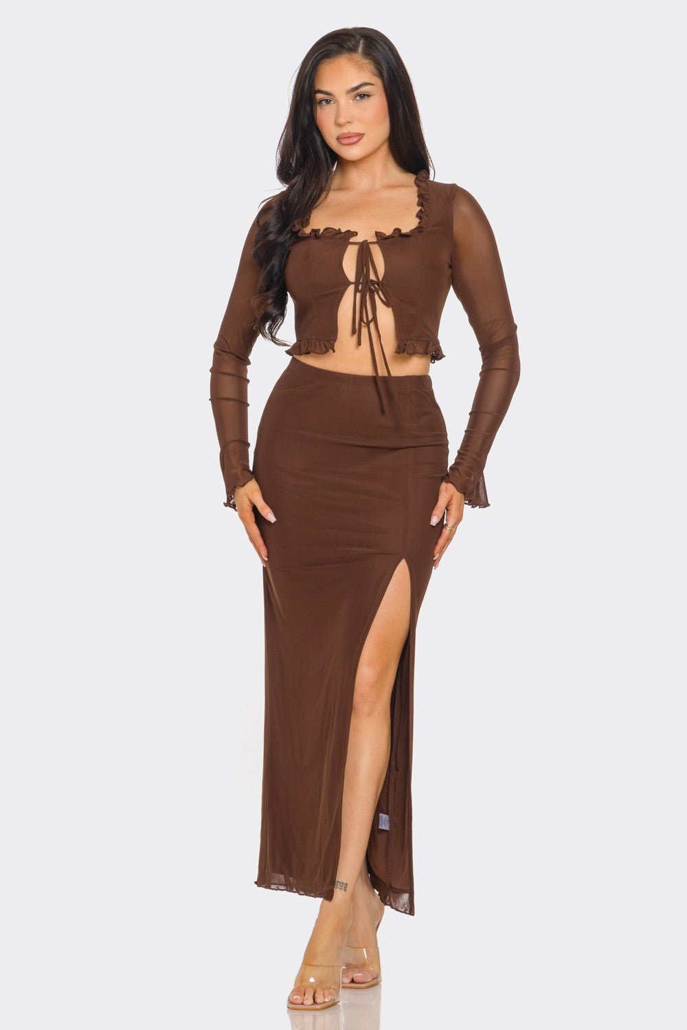 Aria Tie Front Long Sleeve Top &amp; Maxi Skirt Set – Sexy Two - Piece Outfit - Blaire Shops