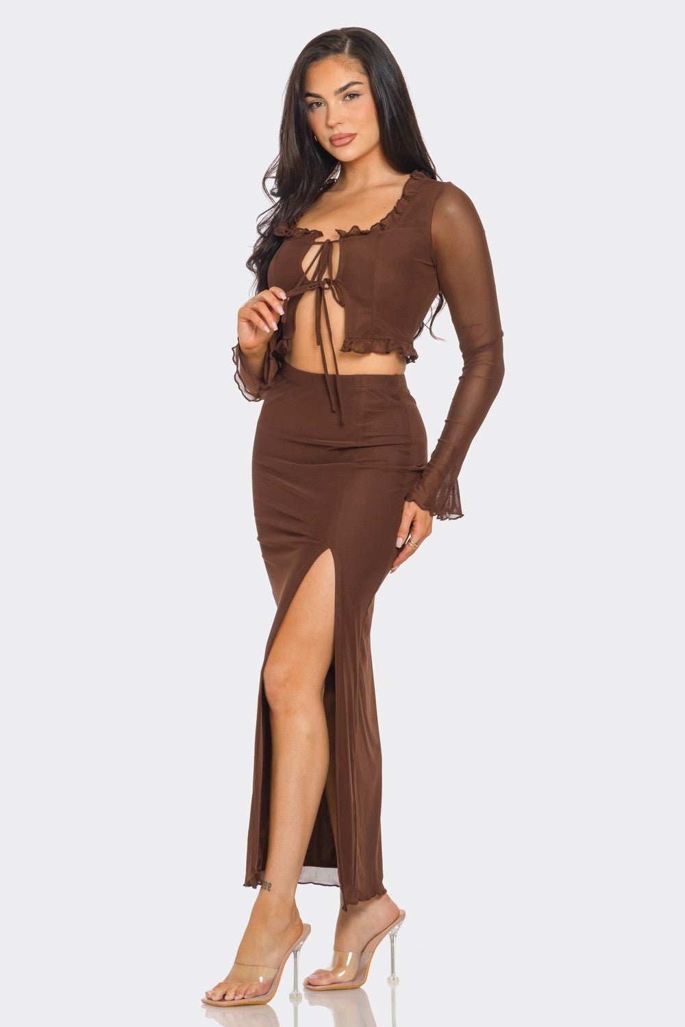 Aria Tie Front Long Sleeve Top &amp; Maxi Skirt Set – Sexy Two - Piece Outfit - Blaire Shops