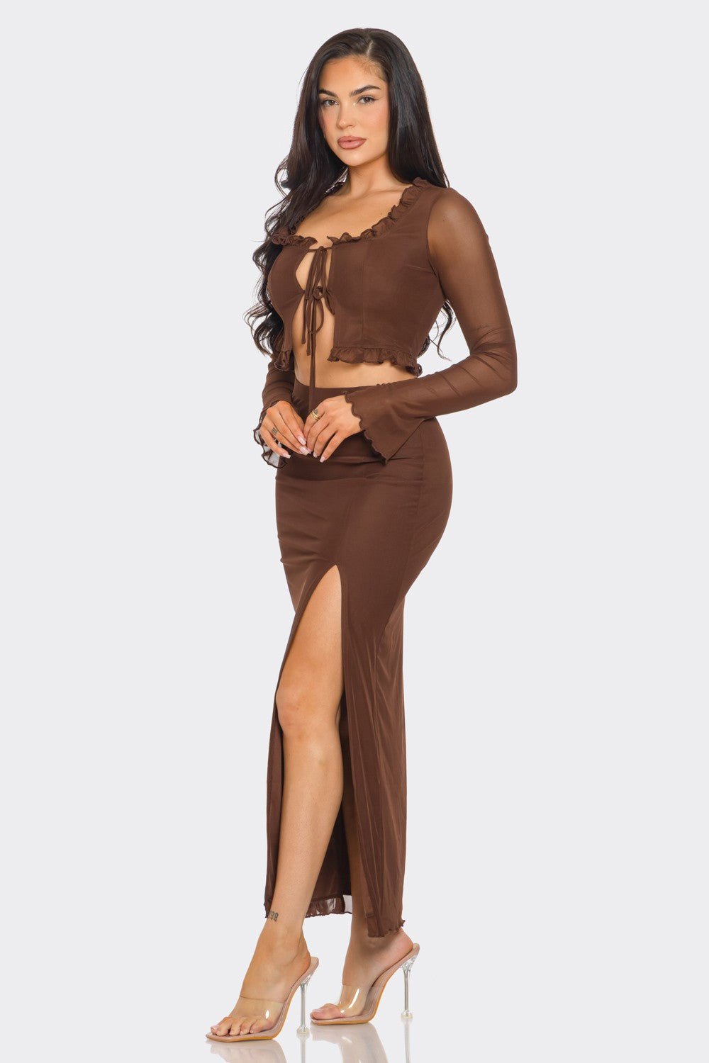 Aria Tie Front Long Sleeve Top &amp; Maxi Skirt Set – Sexy Two - Piece Outfit - Blaire Shops