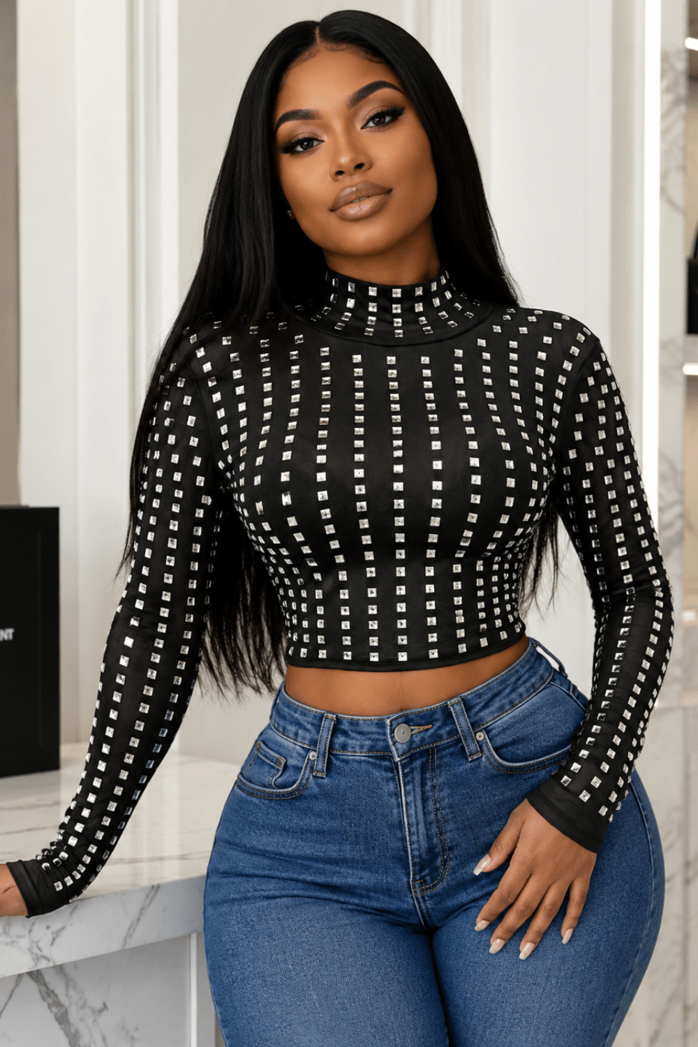 Astrid Noir Crystal Embellished Long Sleeve Mock Neck Top - Black Crop Top for women Vacation Outfits Birthday Dresses Going Out Looks
