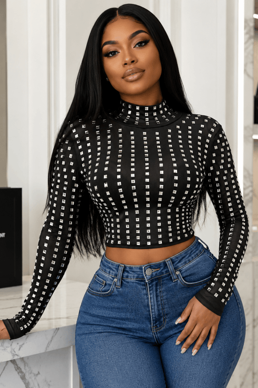 Astrid Noir Crystal Embellished Long Sleeve Mock Neck Top - Black Crop Top for women Vacation Outfits Birthday Dresses Going Out Looks