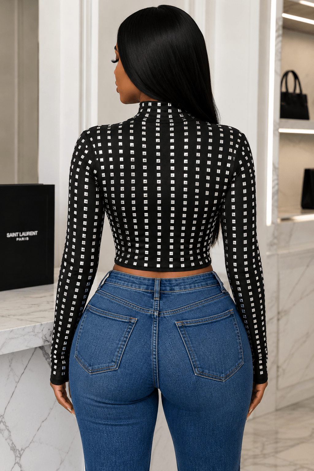 Astrid Noir Crystal Embellished Long Sleeve Mock Neck Top - Black Crop Top for women Vacation Outfits Birthday Dresses Going Out Looks