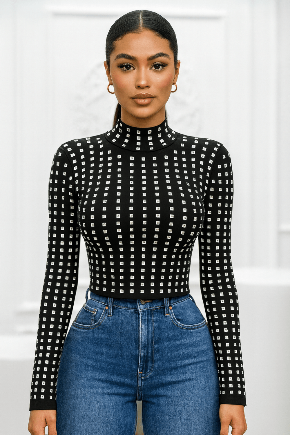 Astrid Noir Crystal Embellished Long Sleeve Mock Neck Top - Blaire Shops