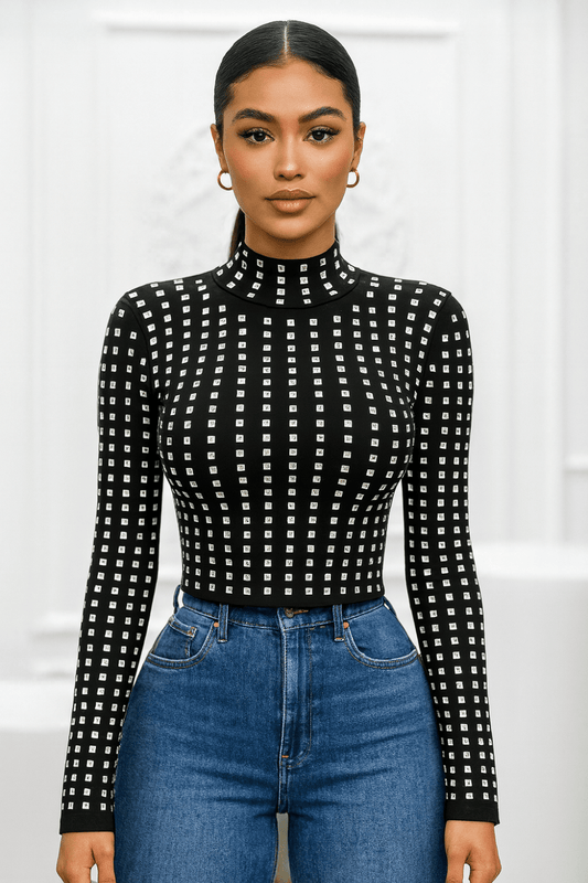Astrid Noir Crystal Embellished Long Sleeve Mock Neck Top - Blaire Shops