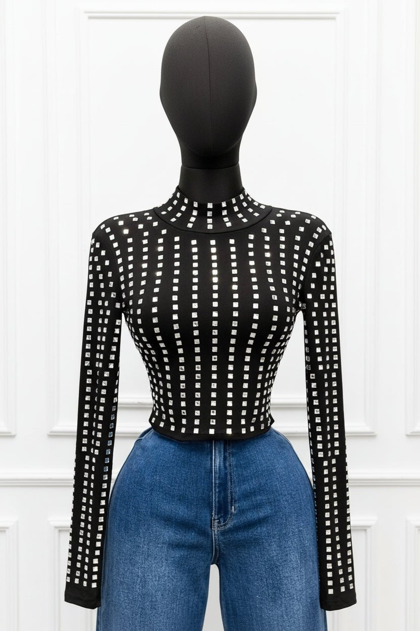 Astrid Noir Crystal Embellished Long Sleeve Mock Neck Top - Blaire Shops