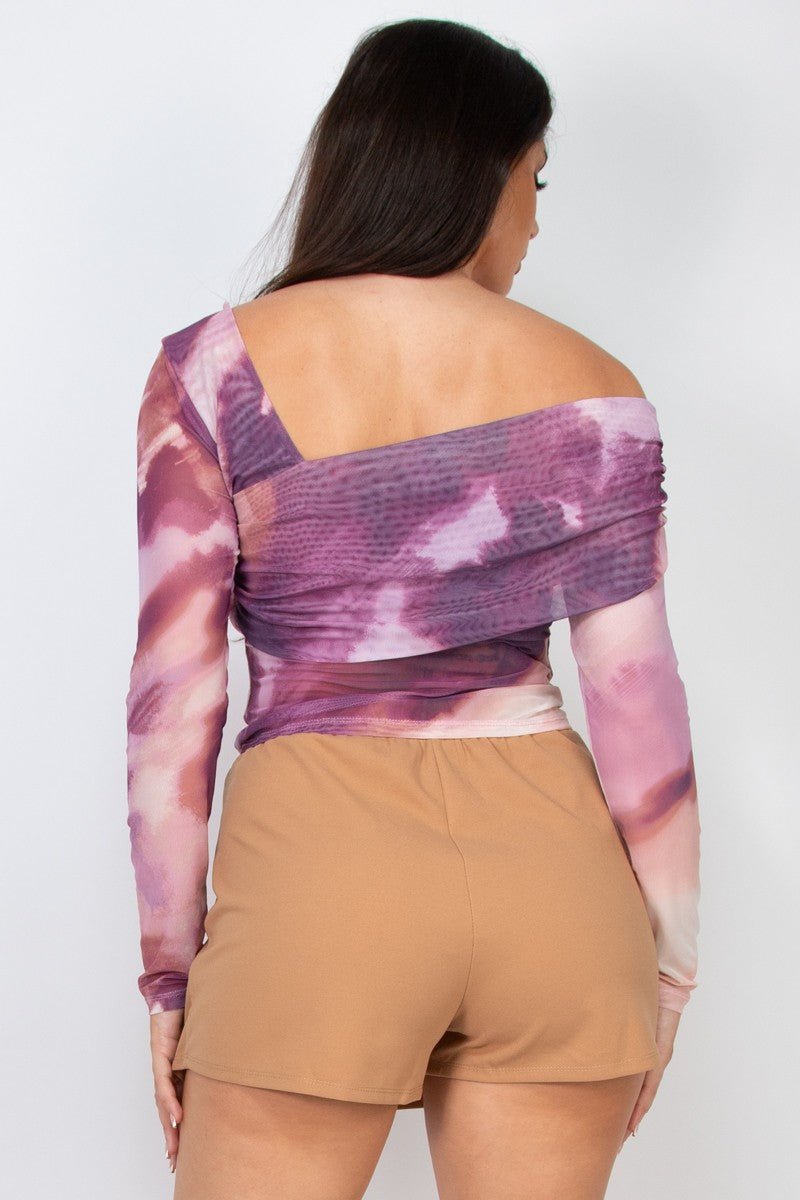 Asymmetric Watercolor Vibe Long Sleeve Mesh Printed Top - Blaire Shops