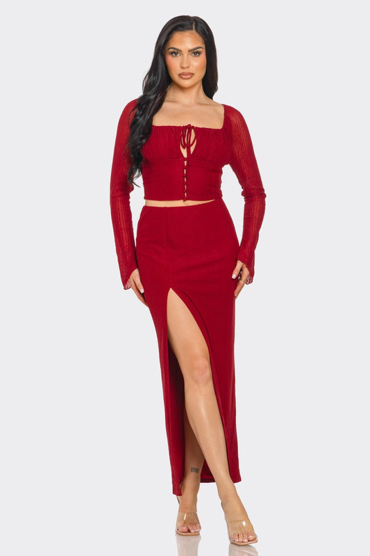 Ava Long Sleeve Tie Front Top & Maxi Skirt Set – Elegant Two - Piece Outfit - Blaire Shops