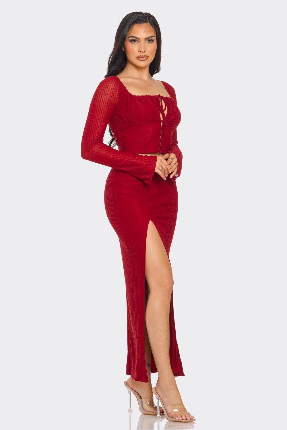 Ava Long Sleeve Tie Front Top & Maxi Skirt Set – Elegant Two - Piece Outfit - Blaire Shops