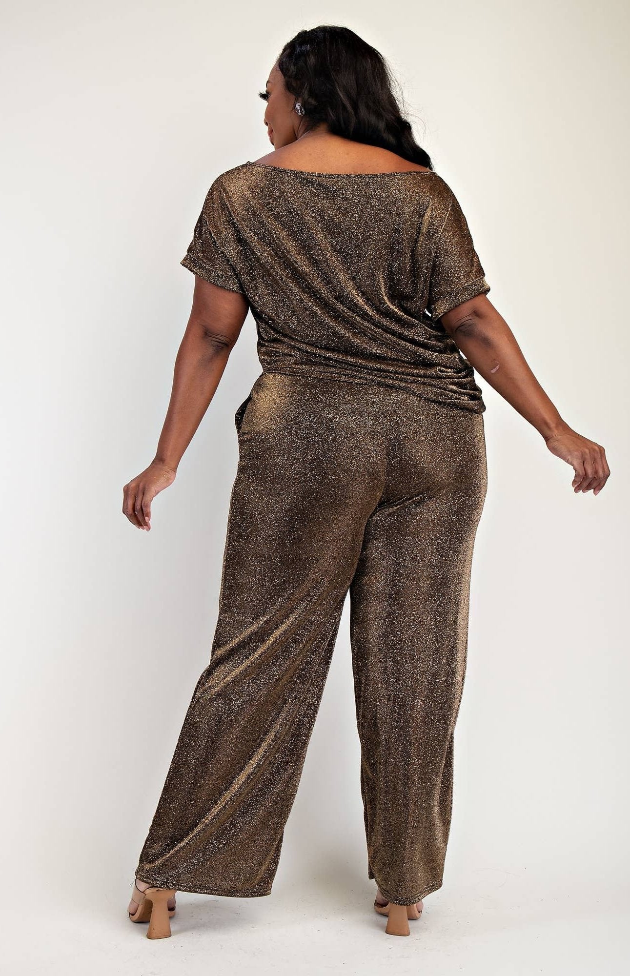 Ayla Plus Size Glitter Knit Short Sleeve Top and Wide Leg Pant Set - 1X PANT SET for women Vacation Outfits Birthday Dresses Going Out Looks