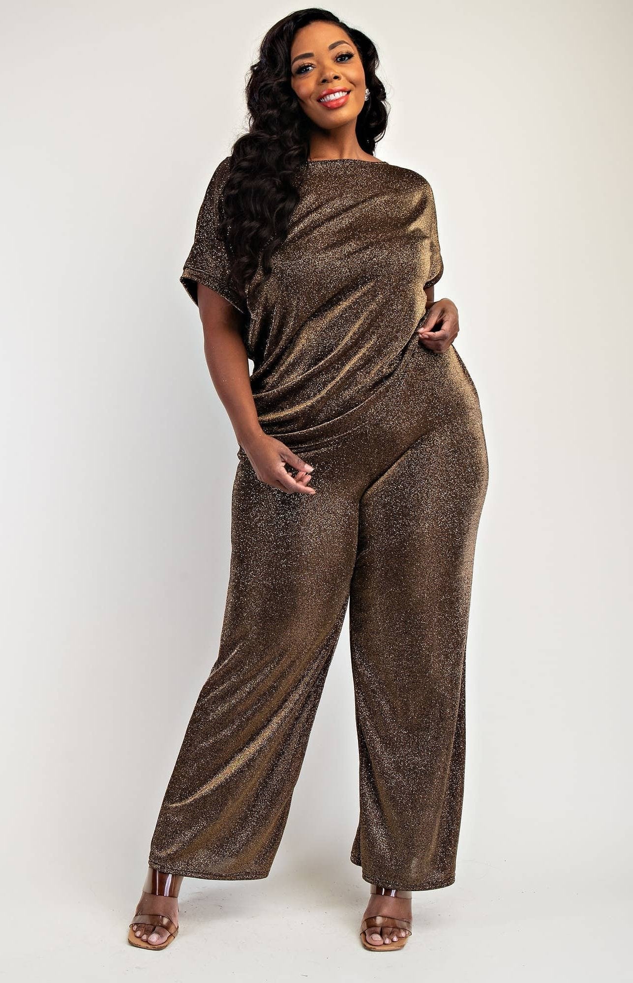 Ayla Plus Size Glitter Knit Short Sleeve Top and Wide Leg Pant Set - 3X PANT SET for women Vacation Outfits Birthday Dresses Going Out Looks