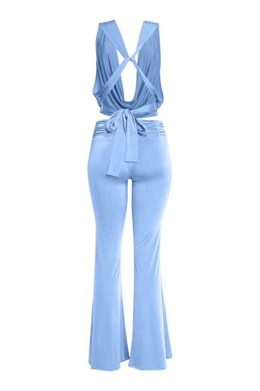 BABY BLUE COWL NECK OPEN BACK TOP FLARE PANTS SET - Blaire Shops