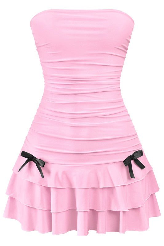 Babydoll Bow Ruched Strapless Mini Dress - Blaire Shops