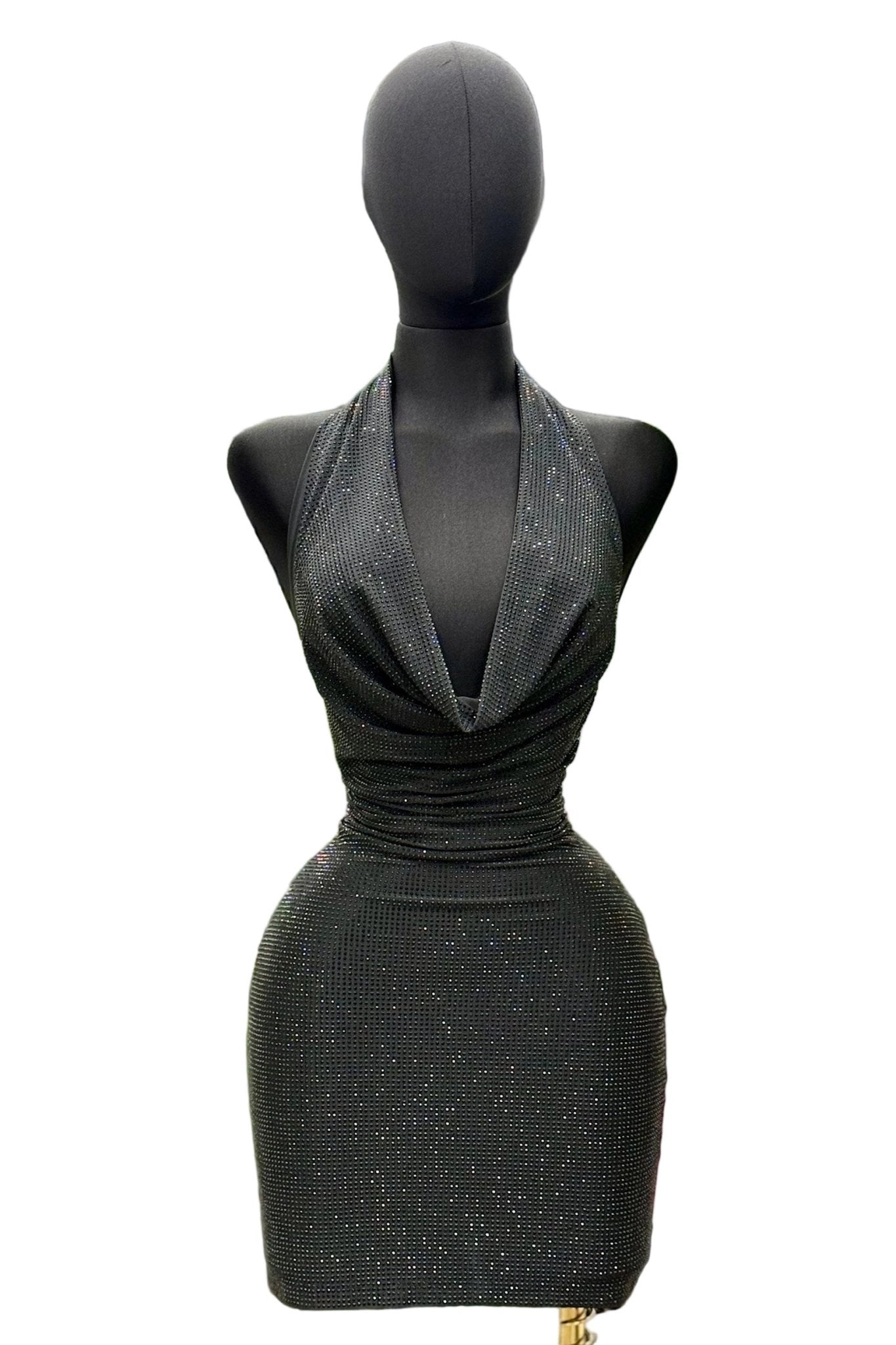 Black Diamond Cowl - Neck Rhinestone Bodycon Mini - Blaire Shops