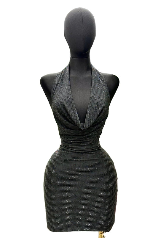 Black Diamond Cowl - Neck Rhinestone Bodycon Mini - Blaire Shops