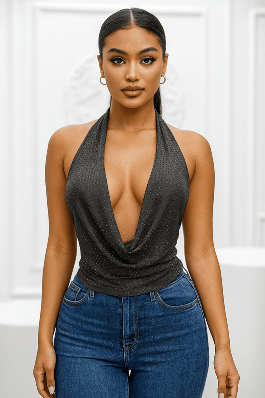 Black Rhinestone Cowl Neck Halter Top – Sexy Backless Sparkly Party Top for Club Nights & Events - Blaire Shops