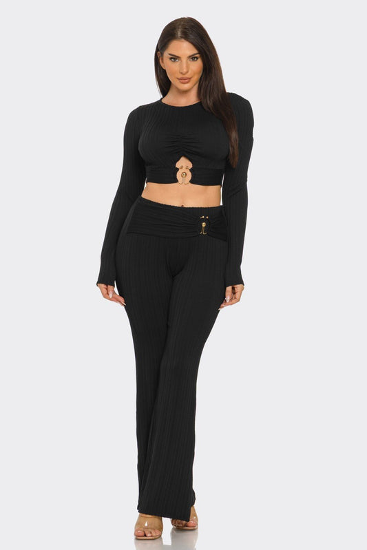 Black Ribbed Two - Piece Set – Metal Ring Cutout Crop Top & Flare Pants - Blaire Shops