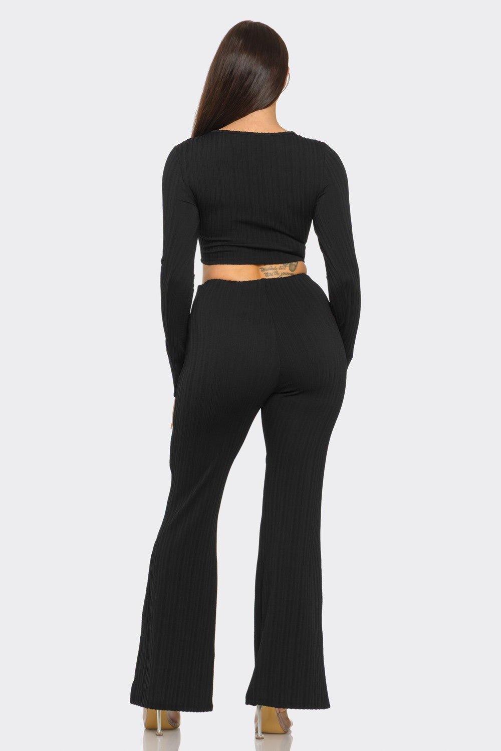 Black Ribbed Two - Piece Set – Metal Ring Cutout Crop Top & Flare Pants - Blaire Shops