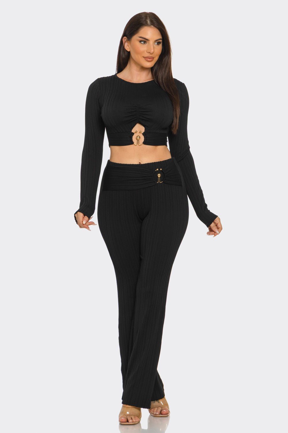 Black Ribbed Two - Piece Set – Metal Ring Cutout Crop Top & Flare Pants - Blaire Shops