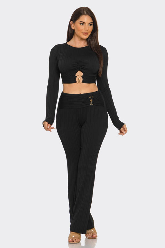 Black Ribbed Two - Piece Set – Metal Ring Cutout Crop Top & Flare Pants - Blaire Shops