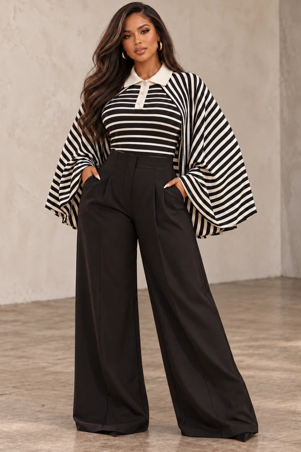 Model wearing the Bellamy black and ivory striped kimono-sleeve collared top with dramatic wide sleeves and a contrast polo collar, styled with black wide-leg trousers at Blaire Shops.